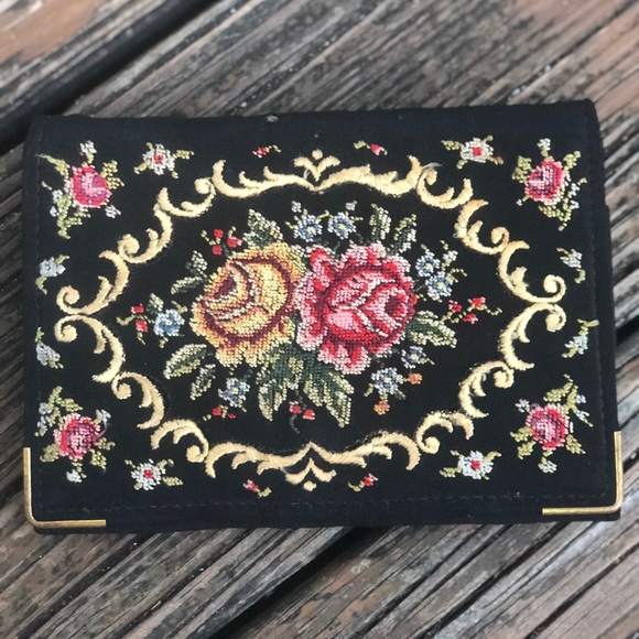 Vintage Handbags - Floral Petit Point Embroidery Needlework Purse Wallet Black Pink Vintage 50s 60s